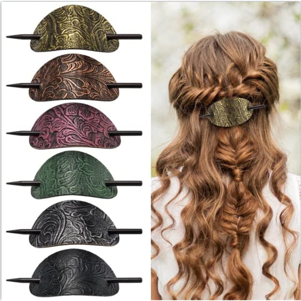 6PCS Faux Leather Oval Hair Barrettes with Wooden Slide Stick for Elegant Styles